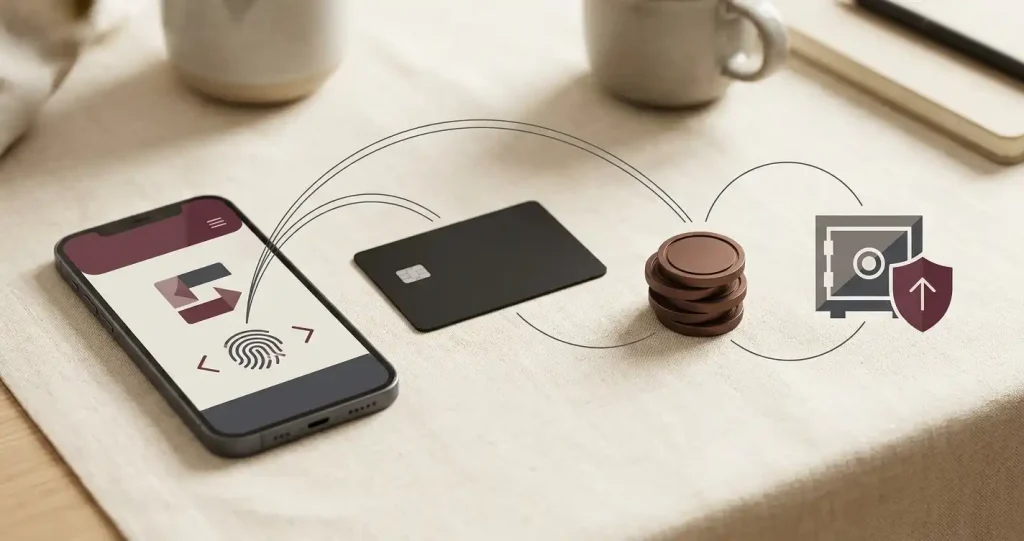 Illustration af dansk betalingsflow i kroner med kort, bank og mobilbetaling