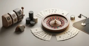Neutral illustration af casinokategorier med spilleautomater, kort og roulette